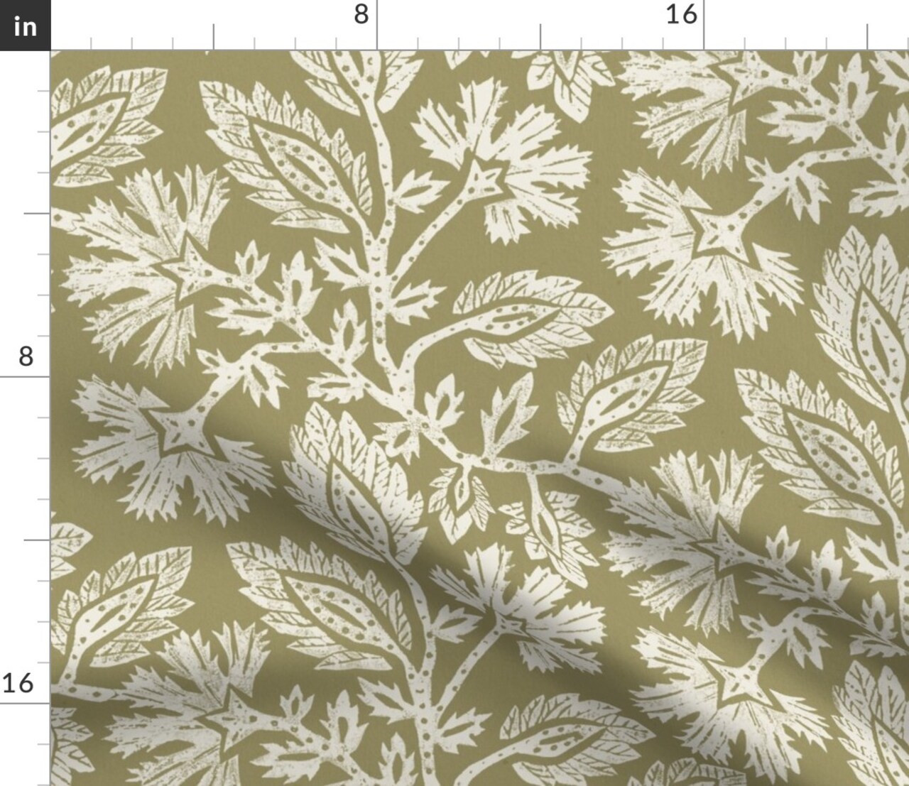 Green Block Print Botanical Flowers Hand Drawn Vines Traditional Bohemian Custom Printed Fabric by Spoonflower Various Fabrics by the Yard or Fat Quarter